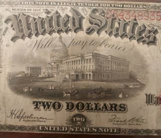 Fr60 1917 $2 Legal Tender Jefferson United States Note Large Currency Two Bill