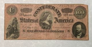 1864 Confederate States Of America $100 Dollar Banknote - Lucy Holcombe Pickens