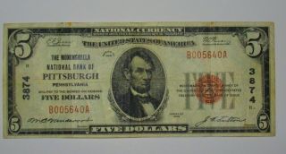 1929 - $5.  00 - National Currency From Monongahela National Bank,  Pitt,  Pa.