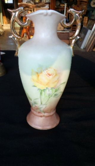 Vintage Double Handled Signed Vase W/ Gold Handles / Hand Painted Roses