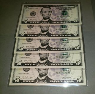 5 Consecutive 2017a $5 Federal Reserve Star Notes Uncirculated Pg Chicago.