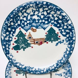 7 Blue Sponge Folk Craft Tienshan Christmas Cabin In The Snow Salad Plates 2