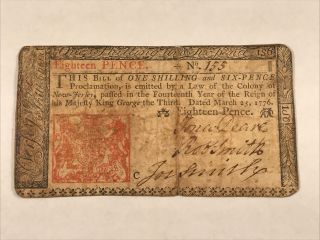 March 25,  1776 155 18 Pence Bank Note Colony Of Jersey