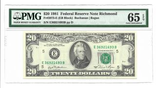 1981 $20 Richmond Frn,  Pmg Gem Uncirculated 65 Epq Banknote