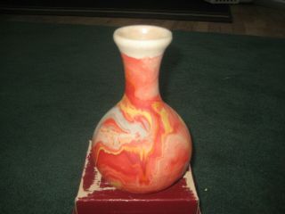 Nemadji Pottery Vase Pink Orange Black Gray Gold Tan Swirl Bulbous 6 1/2 Inchces