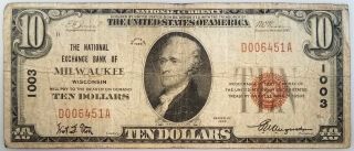1929 $10 National Currency,  The National Exchange Bank Of Milwaukee,  Wi