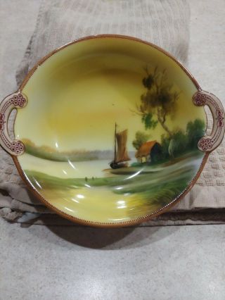 Vintage Noritake M Morimura Hand Painted Bowl.  Sailboat And Cabin Design