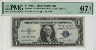 1935 D $1 Silver Certificate Hf Block Fr.  1613 N Narrow Pmg Gem Unc 67 Epq