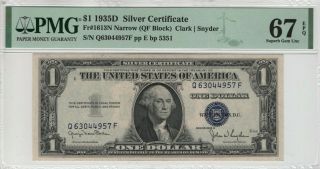 1935 D $1 Silver Certificate Qf Block Fr.  1613 N Narrow Pmg Gem Unc 67 Epq