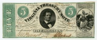 1862 Cr.  13 $5 Virginia Treasury Note - Civil War Era