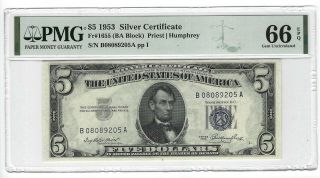 Fr.  1655 (ba Block) 1953 $5 Silver Certificate,  Pmg 66epq