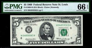 1969 $5 St.  Louis Federal Reserve Note Frn • Pmg 66 Epq • Fr.  1969 - H Top Pop