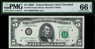 1969c $5 Cleveland Federal Reserve Note Frn • Pmg 66 Epq • Fr.  1972 - D