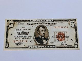 1929 $5 Five Dollar Bill Brown Seal Bank Of Philadelphia C02521634a