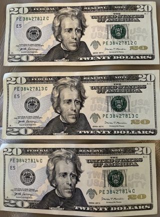 3 Crisp 2017 A Consecutive Serial Numbers $20 Dollar Bills