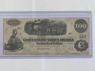 1862 Confederate States Of America $100 One Hundred Richmond