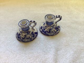 Delft 2 Matching Small Candle Holders.  2 " Tall