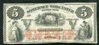 1862 $5 Somerset & Worcester Savings Bank Salisbury,  Md Obsolete Unc