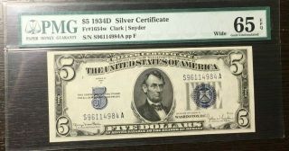 Fr.  1654 - W 1934 - D $5 Silver Cert - Pmg Certified - Gem - 65epq