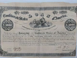 1862 $1000 Confederate Bond.  Number Issued 179