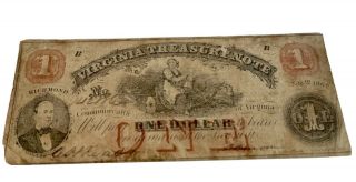 1862 $1 Red Us Virginia " Treasury Note " Large Old Us Currency One Dollar Bill Nr