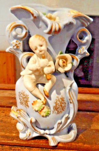 Vase Boy Flute Piper Figure Lenwile Ardalt Japan Verithin Bisque Porcelain Bud