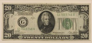 1928 B $20 Redeemable In Gold Federal Reserve Green Seal Chicago Banknote