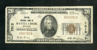 Us Paper Money 1929 $20 National Banknote Ch 7013 Battle Creek Mi