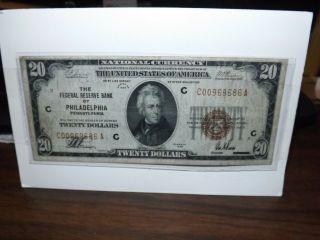 1929 $20.  00 Jackson National Currency From The Federal Reserve Bank Of Philadelp