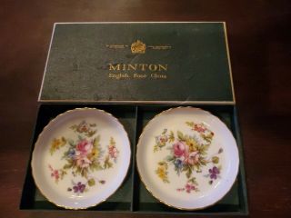 Set Of 2 English Bone China Coasters Multi Floral / Gold Trim By Minton Marlow