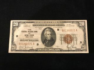 1929 $20 National Currency Bank Note York Block B/a - Brown Seal