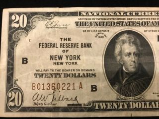 1929 $20 NATIONAL CURRENCY BANK NOTE YORK Block B/A - Brown Seal 2