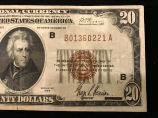 1929 $20 NATIONAL CURRENCY BANK NOTE YORK Block B/A - Brown Seal 3