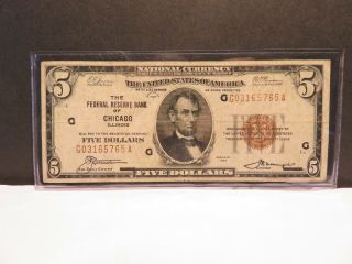 1929 $5 Federal Reserve Note Issued In Chicago Il.  Federal Reserve Bank