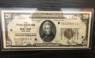 $20 1929 York York Ny National Currency Bank Note Bill