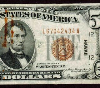$5 1934 A ( (hawaii))  Federal Reserve Note ( (paperclip Rust Stain))  Currency