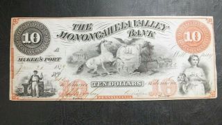 1859 The Monongahela Valley Bank 10 Dollar Note Choice Uncirculated