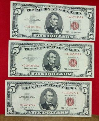 3 Abc Block Set 1963 $5 Five Dollar United States Red Seal Star Notes Ch Circ