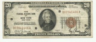 1929 $20 Dollar National Currency York Fr - 1870b Lower Number