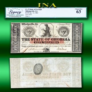 Milledgeville 1862 State Of Georgia $5 Obsolete Note Legacy Choice Unc 64 Epq