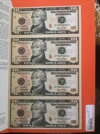 2006 $10 Note Uncut Sheet Crisp Unc 4 Bills