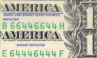 Binary Quad Doubles Bookend Repeater Serial Numbers $1 Dollar Bills Notes Fancy