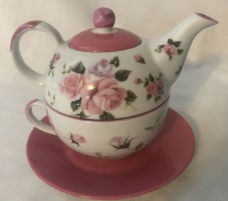 Porcelain Pink Rose Tea Pot Cup And Saucer