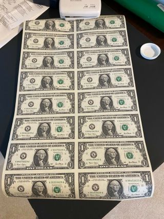 Uncut Sheet Of 16 - $1 One Dollar Bills - U.  S.  Paper Currency Notes Series 2001