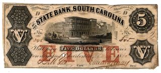 1860 State Bank Of South Carolina (charleston) $5 Banknote