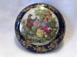 Vintage Fragonard/loving Couple Porcelain Trinket/powder Box In Cobalt Blue/gold