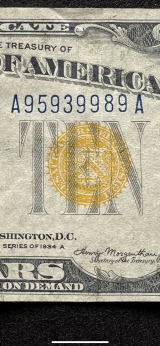$10 Silver Certificate North Africa 1934 A,  Very Fine/xf.  (radar Number Note)
