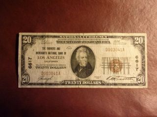 1929 20 - Dollar Bill - The Farmers And Merchants National Bank Of Los Angeles,  Ca