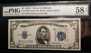 1934c $5 Blue Seal Silver Certificate Pmg Choice About Unc 58 Epq Fr1653w Wide