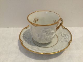 Antique Capodimonte Porcelain Cup & Saucer Mark N With Crown Embossed Figures